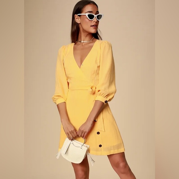 Lulus Dresses & Skirts - Lulu's Yellow A-Line Mini Dress with V-Neck and Bishop Sleeves